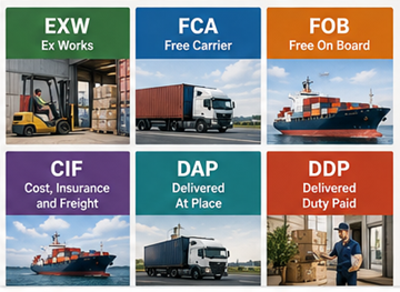 Yleisimpien Incotermien kooste, mukaan lukien EXW, FOB, CIF, DDP ja DAP globaalissa logistiikassa