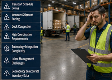 Ruuhkainen logistiikkaterminaali, jossa on cross-docking-koordinointi- ja kuljetushaasteita