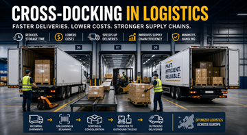 Cross-docking-terminaali, jossa kuorma-autoja lastaamassa ja purkamassa tavaroita modernissa eurooppalaisessa logistiikkakeskuksessa