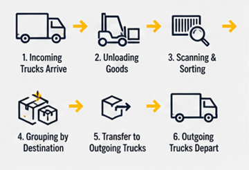 Cross-docking-työnkulku saapuvien ja lähtevien logistiikka-ajoneuvojen kanssa