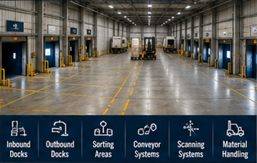 Cross-docking-terminaali, jossa lastauslaiturit, kuorma-autot ja lajittelutoiminnot