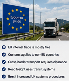 Eurooppalaiset kuorma-autot ylittämässä rajoja ja hoitamassa tullimenettelyjä logistiikkatoiminnoissa