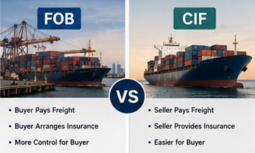 Visuaalinen vertailu FOB- ja CIF-toimitusehtojen vastuista kansainvälisessä logistiikassa