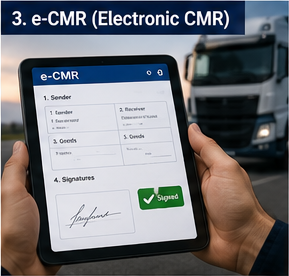 Kuljettaja käyttää digitaalista e-CMR-asiakirjaa tabletilla logistiikkakuljetuksen aikana