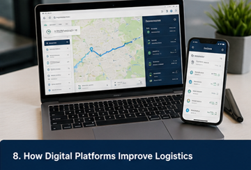 Digitaalisen logistiikka-alustan hallintapaneeli, jossa näkyvät seuranta, viestintä ja kuljetustilaukset