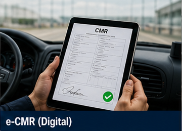 Kuljettaja käyttää tablettia digitaalisen CMR-asiakirjan e-CMR allekirjoittamiseen logistiikkajärjestelmässä