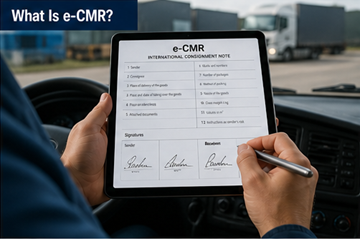 Digitaalinen CMR-rahtikirja esitettynä tabletilla, jota kuljettaja käyttää logistiikan kuljetusympäristössä