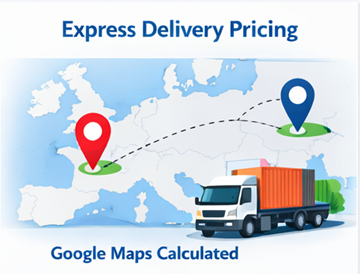 Express-toimituksen reitti Euroopan kartalla, jossa näkyy kuorma-auto ja Google Mapsin laskema kuljetushinta