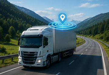 Kuorma-auto GPS-seurantajärjestelmällä ajamassa eurooppalaisella moottoritiellä logistiikkaoperaatiossa