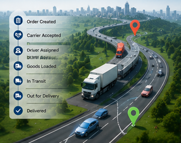 Nykyaikainen logistiikan seurantaprosessi, jossa näkyvät kuorma-auton GPS-seuranta, digitaaliset kuljetusjärjestelmät ja lähetyspäivitykset