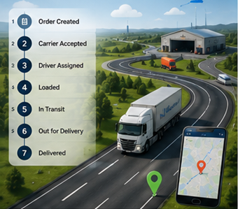 Digitaalinen logistiikkaprosessi, joka näyttää lähetysseurannan, GPS-reitit ja kuljetuksen tilapäivitykset