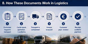 Logistiikan työnkulku, joka näyttää tarjouksen, laskun, kuitin ja maksuprosessin kuljetusalustalla