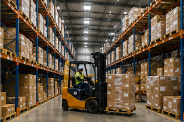 Suuri logistiikkavarasto, jossa on hyllystöjä, trukkeja ja lavoja