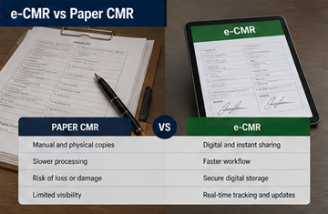 Vertailu paperisen CMR-rahtikirjan ja digitaalisen e-CMR:n välillä tabletilla – kuvaa modernia logistiikan murrosta