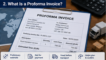 Proforma-laskuesimerkki, jota käytetään logistiikassa ennen kuljetuksen tai lähetyksen vahvistusta
