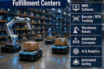 Automaattinen täydennyskeskus, jossa käytetään robotiikkaa, varasto-ohjelmistoja ja AI-logistiikkajärjestelmiä