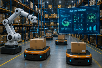 Älyvarasto, jossa on robotiikkaa, automaatiota ja digitaalisia varastonhallintajärjestelmiä