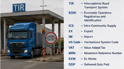 Kansainvälinen rahtikuorma-auto käyttää TIR-tullitransitojärjestelmää Euroopan rajanylityspaikalla