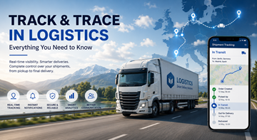 Moderni logistiikan track and trace -järjestelmä, joka näyttää kuorma-autot, lähetysten näkyvyyden, GPS-seurannan ja reaaliaikaisen toimitusvalvonnan eri puolilla Eurooppaa
