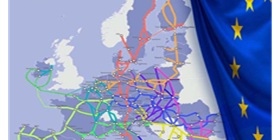 Euroopan laajuinen liikenneverkko (TEN-T) kartalla ja Euroopan lippu