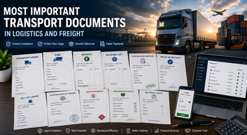 Kokoelma tärkeitä kuljetusasiakirjoja, mukaan lukien CMR, lasku, tullipaperit ja digitaalinen logistiikan seuranta Euroopassa