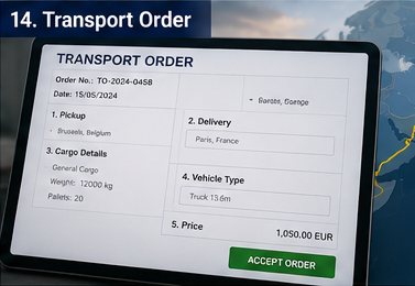 Digitaalinen kuljetustilaus, jossa on lähetystiedot, reitti ja ajoneuvon määritys logistiikka-alustalla