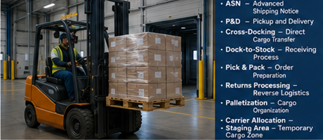 Trukki lastaa lavoja ja lastinkäsittelytoiminnot modernin logistiikkavaraston sisällä