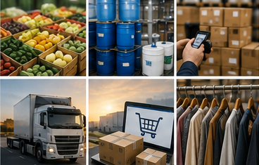 Eri varastorakennuksia ja logistiikkatoimintoja Euroopassa