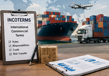 Kansainvälisen kaupan toiminnot, joissa näkyy kuljetuskontteja, kuljetusasiakirjoja ja globaalin logistiikan koordinointia